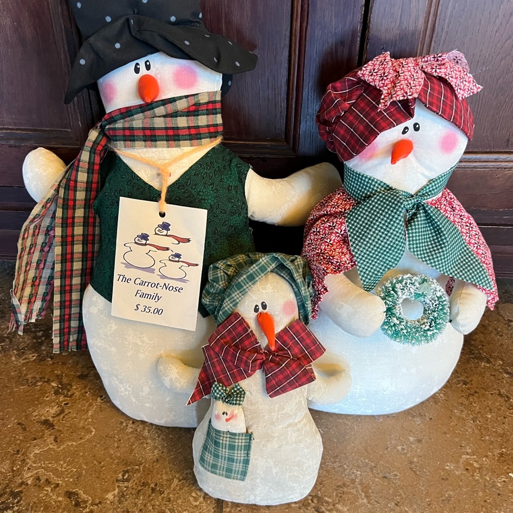 The Carrot Nose Family of 3 handmade snowmen standing figures